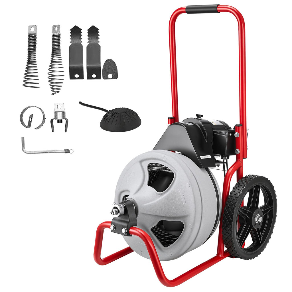 Drain Cleaner Machine 75 FT x 3/8 Inch, Sewer Snake Auger Manual Feed on Wheels, Portable Drain Cleaning Machine with 6 Cutters & Air-activated Foot Switch for 2" to 4" Pipes