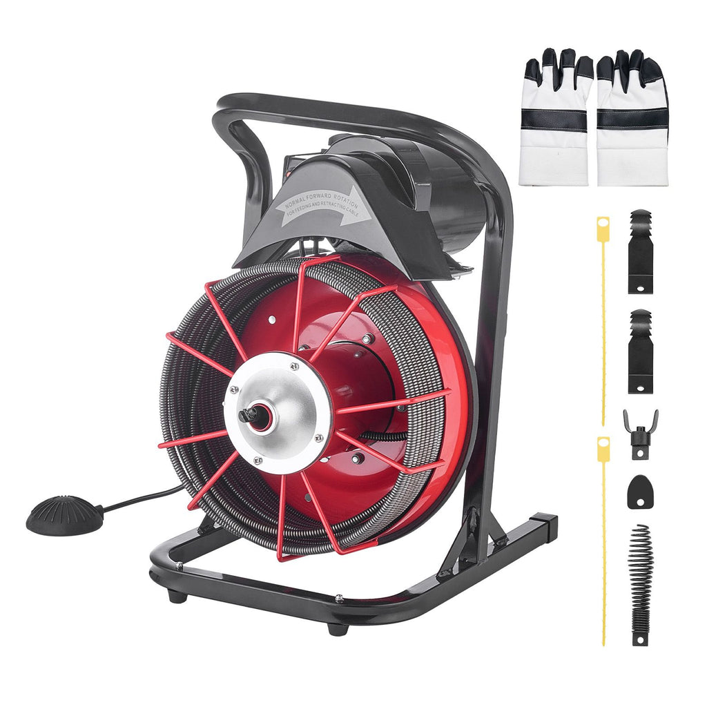 Drain Cleaner Machine 75 FT x 3/8 Inch, Sewer Snake Auger Manual Feed with 4 Cutters & Air-activated Foot Switch for 2" to 4" Pipes