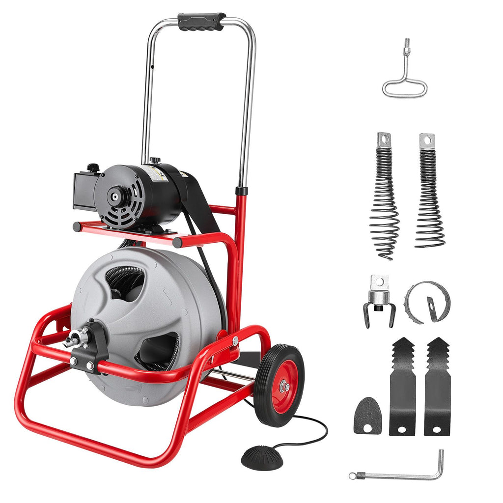 Drain Cleaner Machine 75 FT x 3/8 Inch, Sewer Snake Auger on Wheels, Manual Feed Drain Cleaning Machine with Adjustable Drum Angle, 6 Cutters & Air-activated Foot Switch for 2" to 4" Pipes