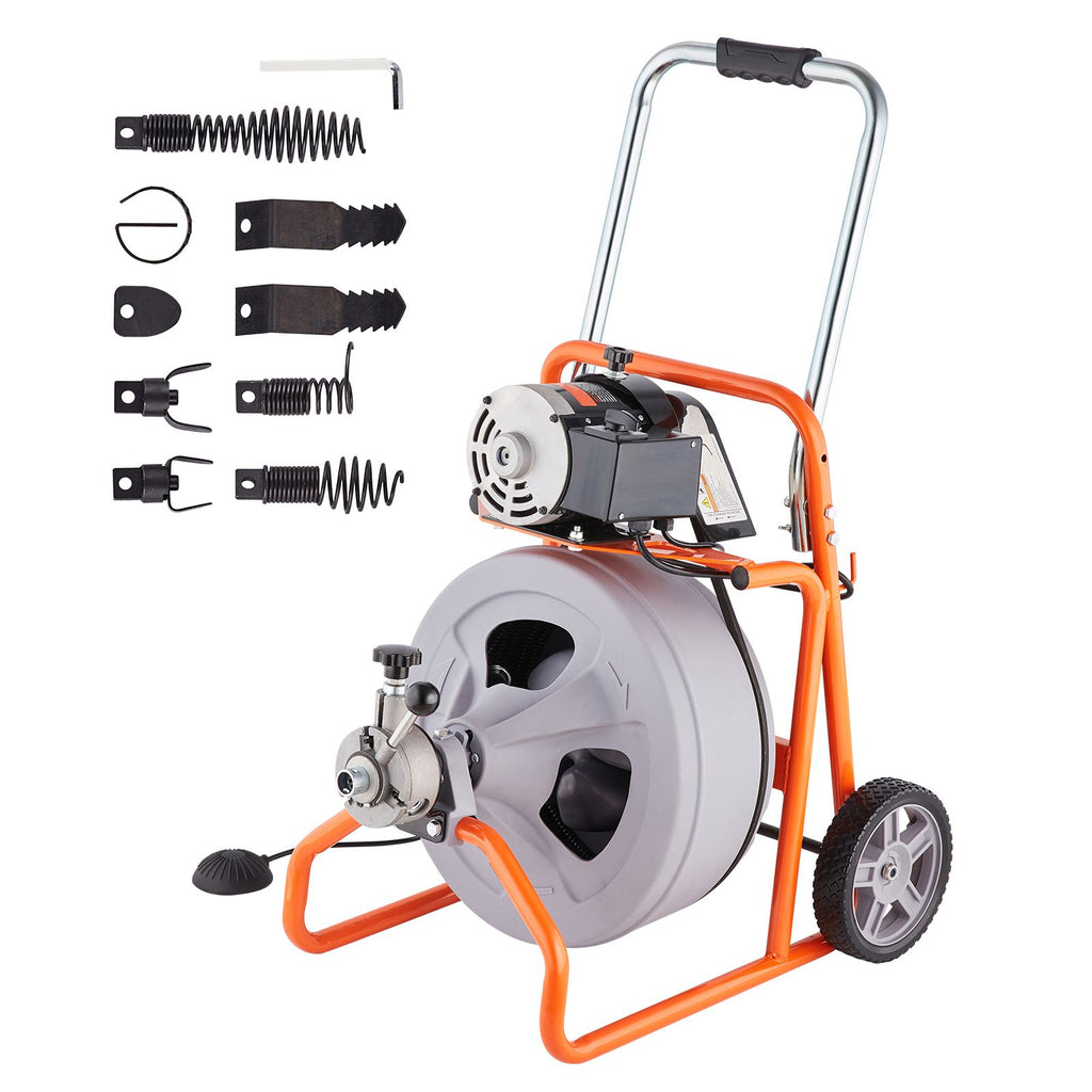 Drain Cleaner Machine 75FT x 1/2 Inch, Auto Feed Sewer Snake Drain Auger on Wheels, Portable Drain Cleaning Machine with 8 Cutters & Air-activated Foot Switch for 2" to 4" Pipes