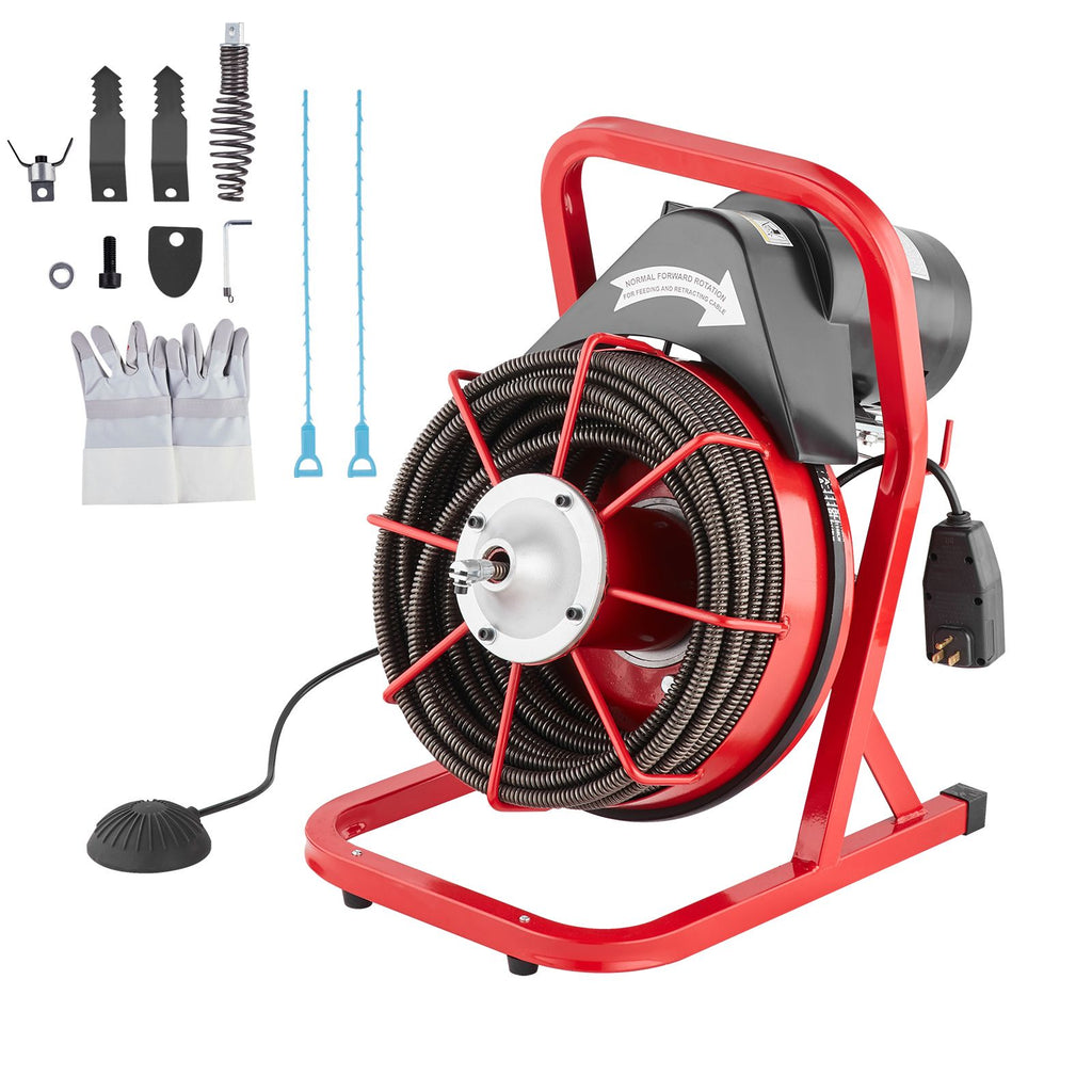Drain Cleaner Machine 75FT x 1/2 Inch, Sewer Snake Auger Manual Feed, 370W Electric Drain Cleaning Machine with 4 Cutters & Air-activated Foot Switch for 2" to 4" Pipes