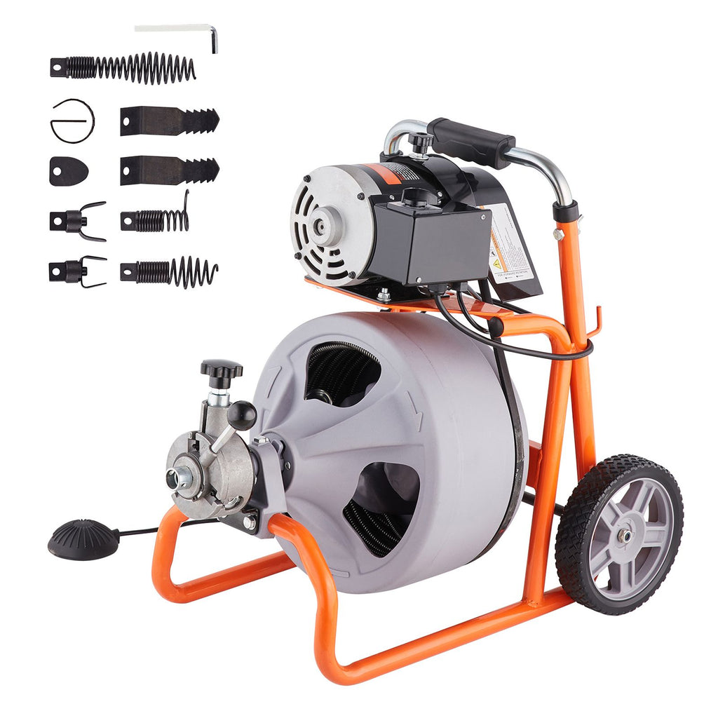 Drain Cleaner Machine 75FT x 3/8 Inch, Auto Feed Sewer Snake Drain Auger on Wheels, Portable Drain Cleaning Machine with 8 Cutters & Air-activated Foot Switch for 2" to 4" Pipes