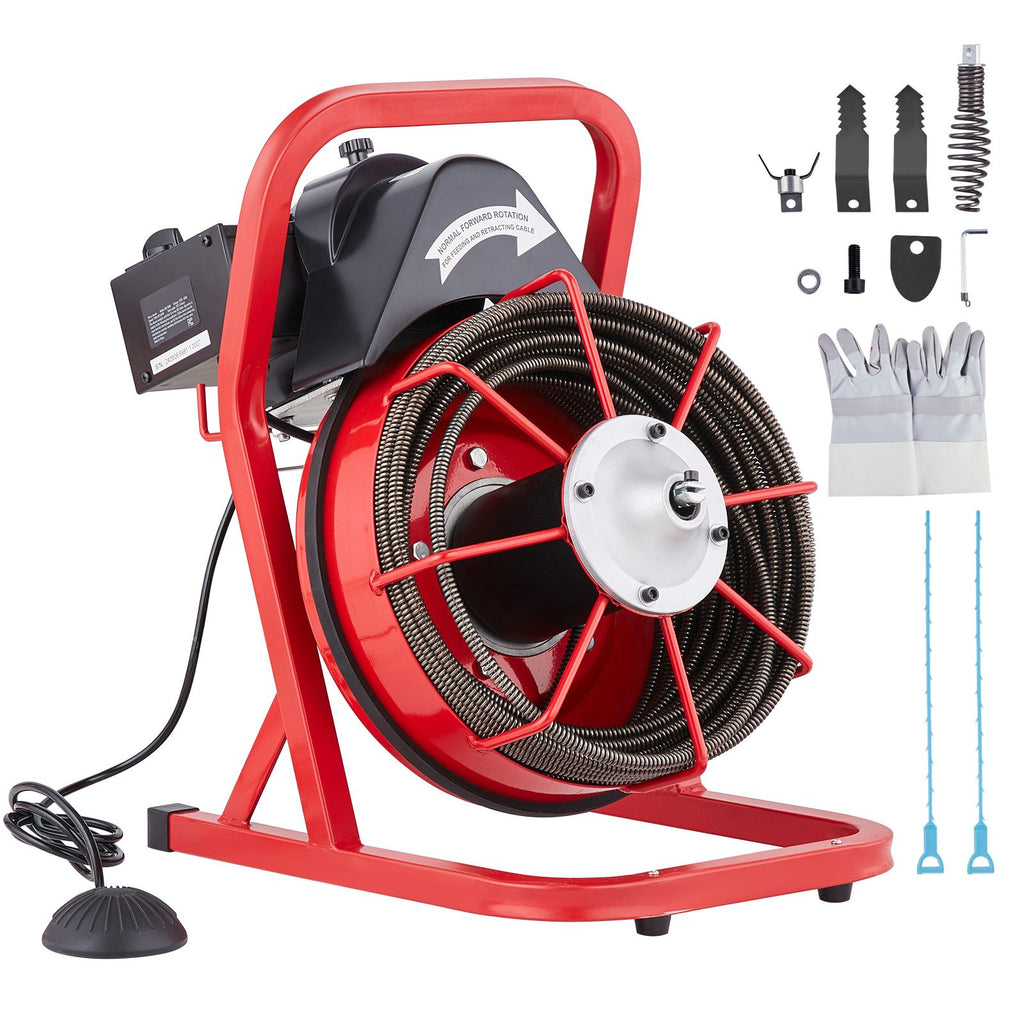 Drain Cleaner Machine 75FT x 3/8 Inch, Sewer Snake Auger Manual Feed, 250W Electric Drain Cleaning Machine with 4 Cutters & Air-activated Foot Switch for 2" to 4" Pipes