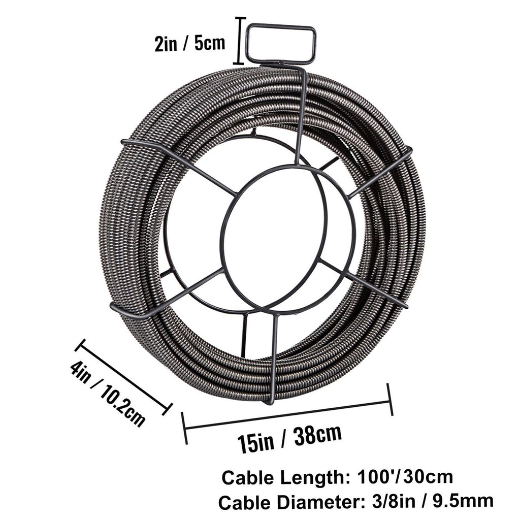 Drain Cleaning Cable 100 FT x 3/8 Inch, Solid Core Steel Sewer Cable with 4 Cutter for 2" to 4" Pipes, Sewer Auger Cleaner Cable for Sink, Floor Drain, Toilet