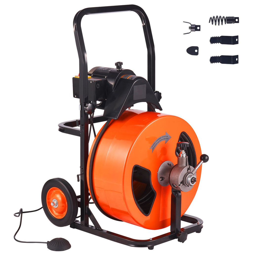 Drain Cleaning Machine 100FT x 3/4 Inch, Sewer Snake Machine Auto Feed, Drain Auger Cleaner with 4 Cutter & Air-Activated Foot Switch for 1" to 4" Pipes