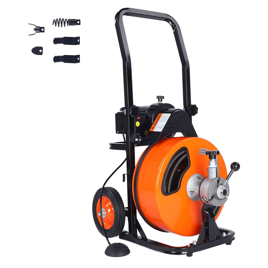 Drain Cleaning Machine 100FT x 3/8 Inch, Sewer Snake Machine Auto Feed, Drain Auger Cleaner with 4 Cutter & Air-Activated Foot Switch for 1" to 4" Pipes