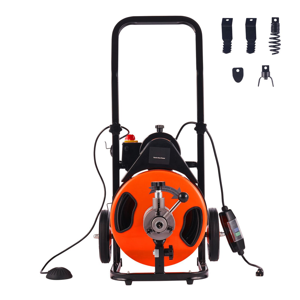 Drain Cleaning Machine 50 FT x 1/2 Inch, Sewer Auger Auto Feed with 4 Cutter & Air-activated Foot Switch for 1" to 4" Pipes, Orange, Black