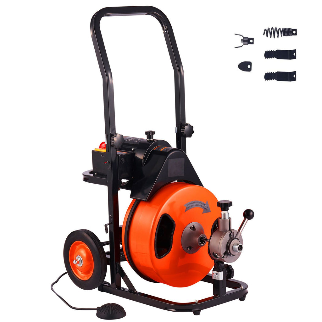 Drain Cleaning Machine 50 FT x 3/8 Inch, Sewer Snake Machine Auto Feed, Drain Auger Cleaner with 4 Cutter & Air-Activated Foot Switch for 1" to 4" Pipes