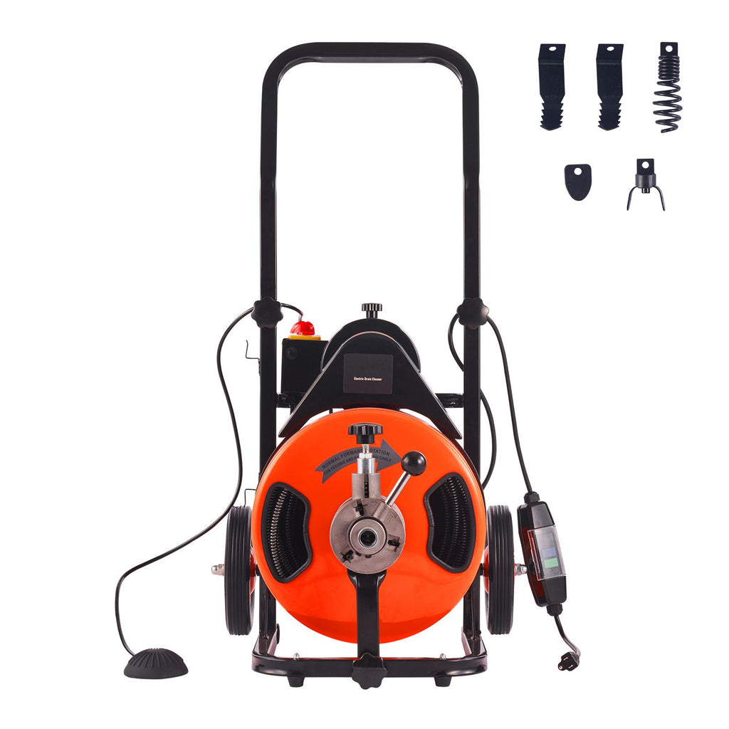 Drain Cleaning Machine 75 FT x 1/2 Inch, Sewer Auger Auto Feed with 4 Cutter & Air-activated Foot Switch for 1" to 4" Pipes, Orange, Black