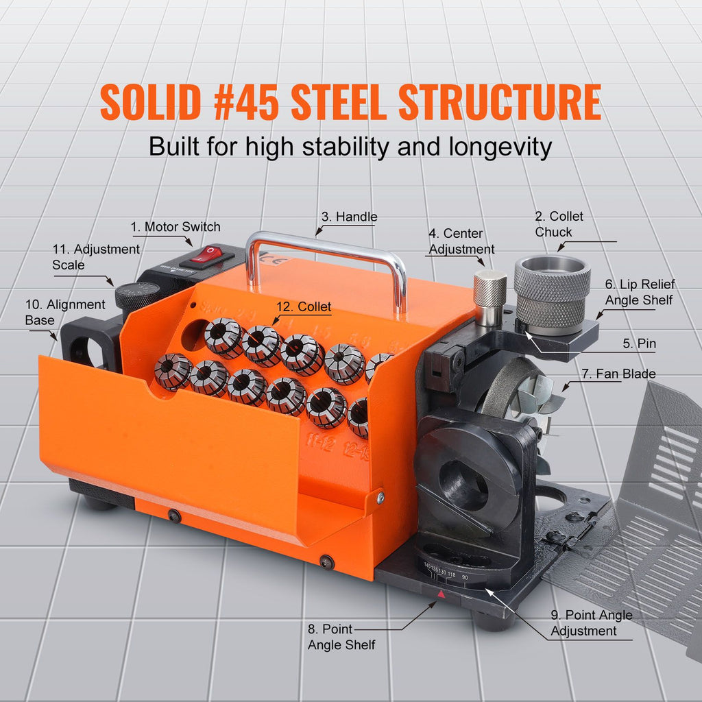 Drill Bits Sharpener, MR-13A End Mill Grinder Sharpener 3-13mm, 95° to 135° Point Angle Adjustable Drill Bit Re-Sharpener, Portable Bits Sharpening Machine with 11 Collets, CBN Wheel for HSS image 2
