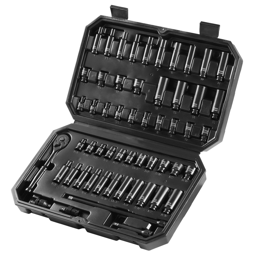 Drive Impact Socket Set 1/4" - 55 Piece Deep & Shallow Socket Set SAE 5/32"-9/16" and Metric 4-15mm - 6 Point CR-V Alloy Steel for Auto Repair - Easy-to-Read Size Markings - Storage Case