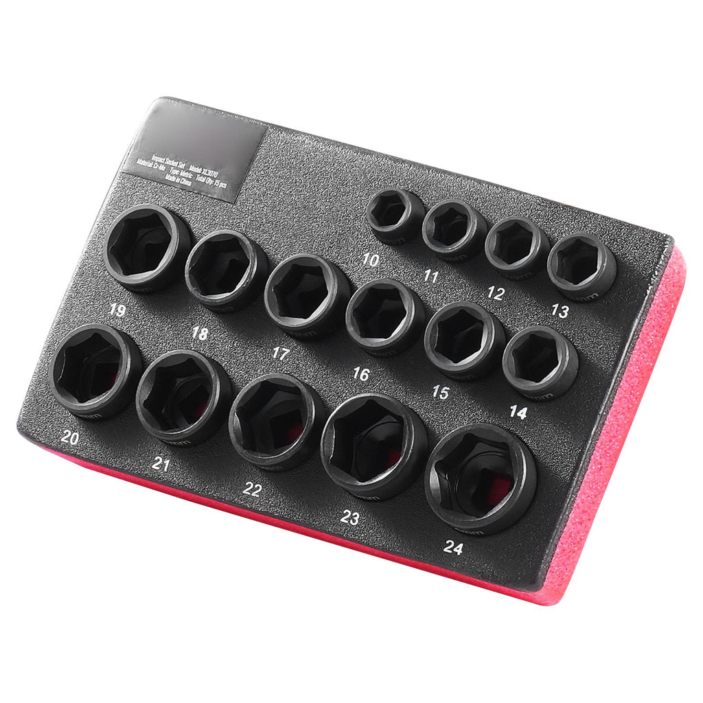 Drive Impact Socket Set 3/8" - 15 Piece Ultra-Short Socket Set Metric 10-24mm - 6 Point Cr-Mo Alloy Steel for Auto Repair - Easy-to-Read Size Markings - Rugged Construction Socket Organizer