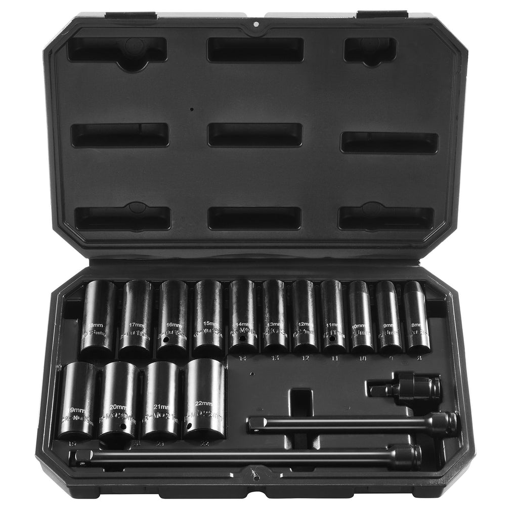 Drive Impact Socket Set 3/8" - 18 Piece Deep Socket Set Metric 8-22mm - 6 Point CR-V Alloy Steel for Auto Repair - Easy-to-Read Size Markings - Rugged Construction Includes Storage Case