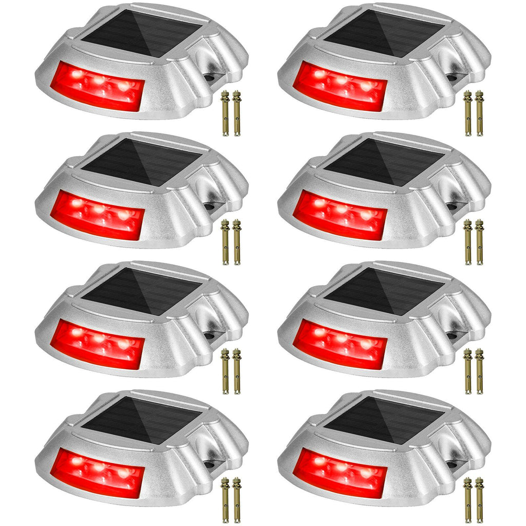 Driveway Lights, 8-Pack Solar Driveway Lights with Switch Button, Solar Deck Lights Waterproof, Wireless Dock Lights 6 LEDs for Path Warning Garden Walkway Sidewalk Steps, LED Bright Red