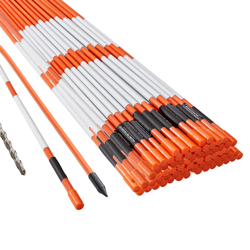 Driveway Markers, 100 PCS 48 inch, 0.31-in Diameter, Orange Fiberglass Poles Snow Stakes with Reflective Tape, 12" Steel Drill Bit & Protection Gloves for Parking Lots, Walkways Easy Visibility