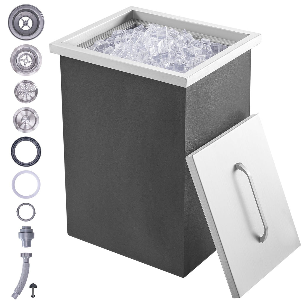 Drop in Ice Chest, 14"L x 12"W x 18"H Stainless Steel Ice Cooler, Commercial Ice Bin with Cover, 40 qt Outdoor Kitchen Ice Bar, Drain-pipe and Drain Plug Included, for Cold Wine Beer