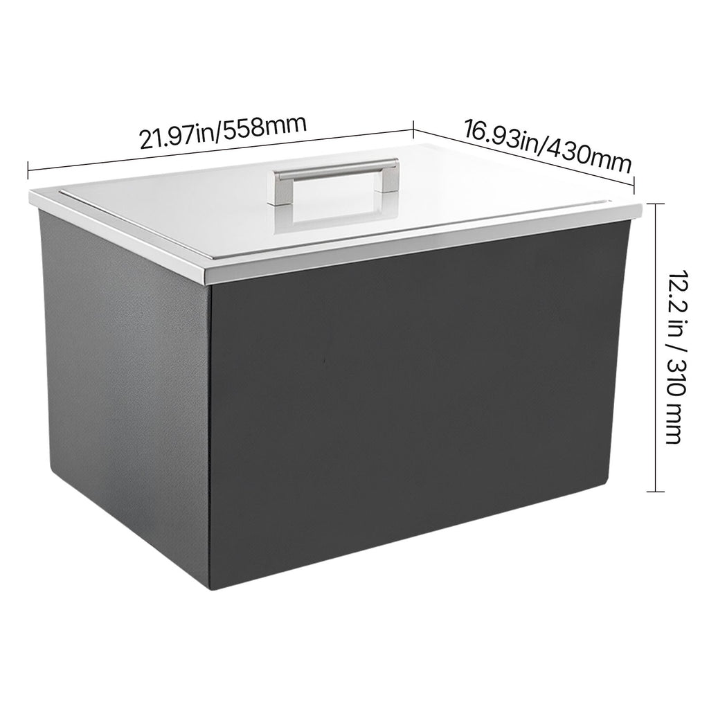 Drop in Ice Chest, 22"L x 17"W x 12"H Stainless Steel Drop in Cooler, 45.3 Quart Commercial Ice Bin with Pot Lid for Outdoor Kitchen Patio Bar, Drain-pipe Set Included, for Cold Wine Beer