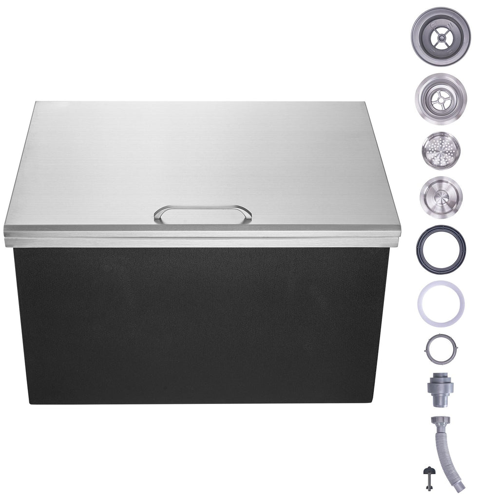 Drop in Ice Chest, 28"L x 20"W x 17"H Stainless Steel Ice Cooler, Commercial Ice Bin with Hinged Cover, 40 qt Outdoor Kitchen Ice Bar, Drain-pipe and Drain Plug Included, for Cold Wine Beer