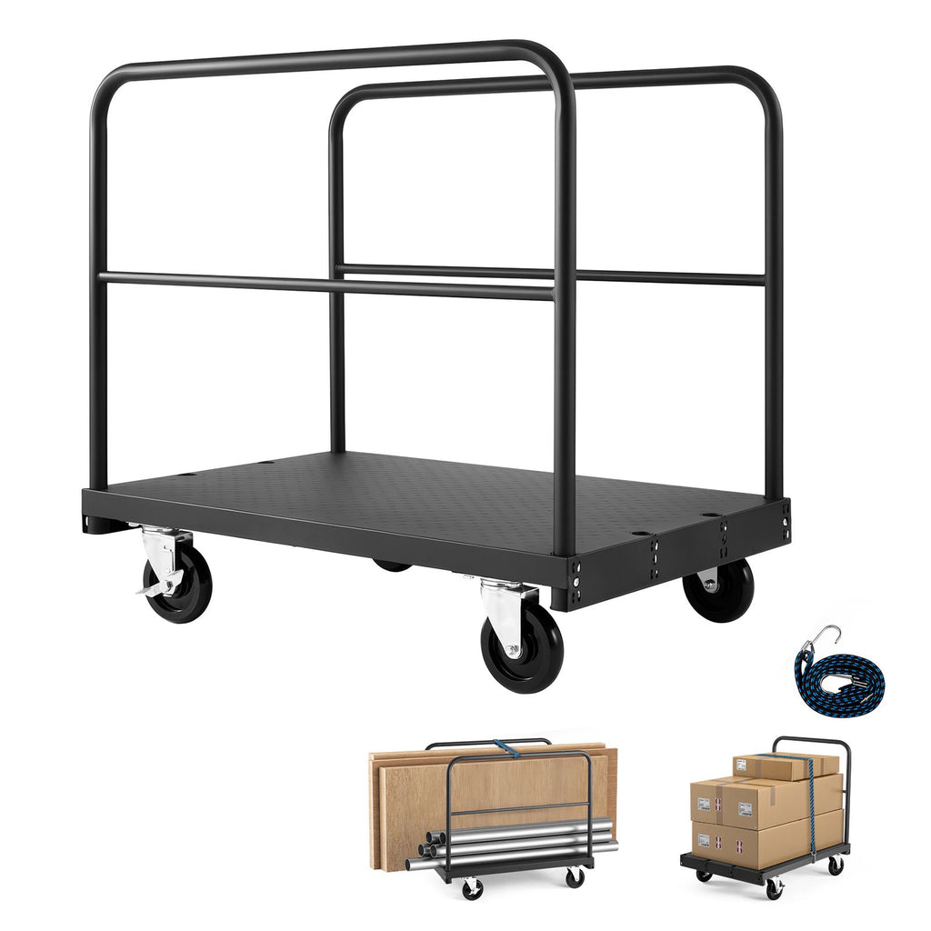 Drywall Cart Dolly, 1800 lbs Load Capacity, 2-in-1 Steel Panel Truck Cart with 5 inch Swivel Casters, 36 x 24 inch Platform Truck with 3 Side Handrails for Factory, Warehouse, Garage, Black