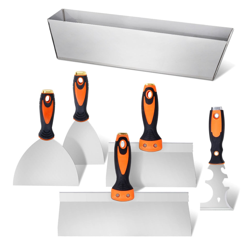 Drywall Knife Set, 6 PCS Drywall Tools Includes 3" Painter Scraper, Two Putty Knives, Two Taping Knives and 12" Mud Pan, Stainless Steel Spackle Tool, Drywall Finishing Tools for Home