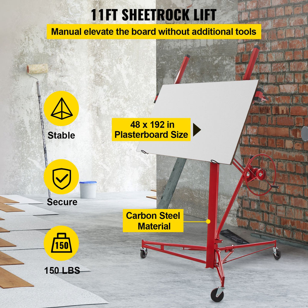 Drywall Rolling Lifter Panel, 11ft Sheetrock Lift Drywall Lift, 150lb Weight Capacity Panel Hoist Jack Tool, Steel Material with Telescopic Arm & 3 Lockable Wheels, 48x192 in Plasterboard Size image 2