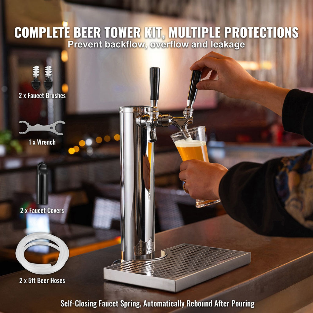 Dual Taps Draft Beer Tower Dispenser, Stainless Steel Keg Beer Tower, Kegerator Tower Kit with Pre-Assembled Tubing and Self-Closing Faucet Shanks for Party, Bar, Pub, Restaurant image 2