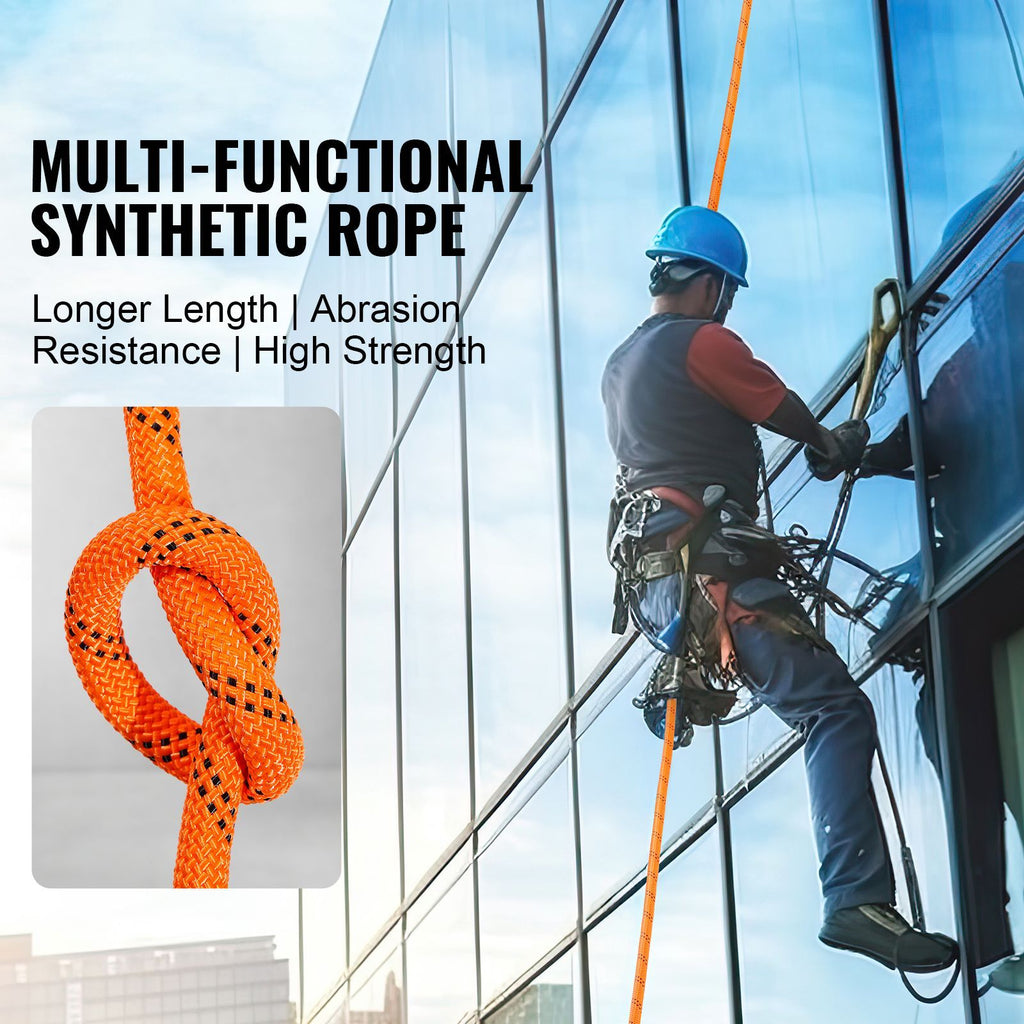 Dual-Weave Polyester Cord, 1/2 inch x 220 feet, 48-Strand, 8000 LBS Tensile Strength, Multi-Use Outdoor Rope for Camping, Swinging, Rappelling, and Rescue, Orange/Black