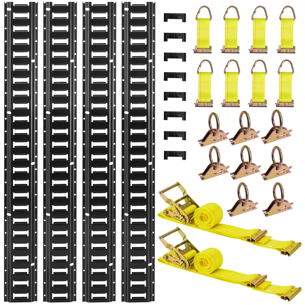 E-Track Tie-Down Rail Kit, 4 Pack 7.7 ft E Track Rails, 26 Pcs Includes 2 Ratchet Straps & 8 O-Rings & 8 Tie-Offs with D-Ring & 8 End Caps, Fit for Garages Vans Trailers Motorcycles