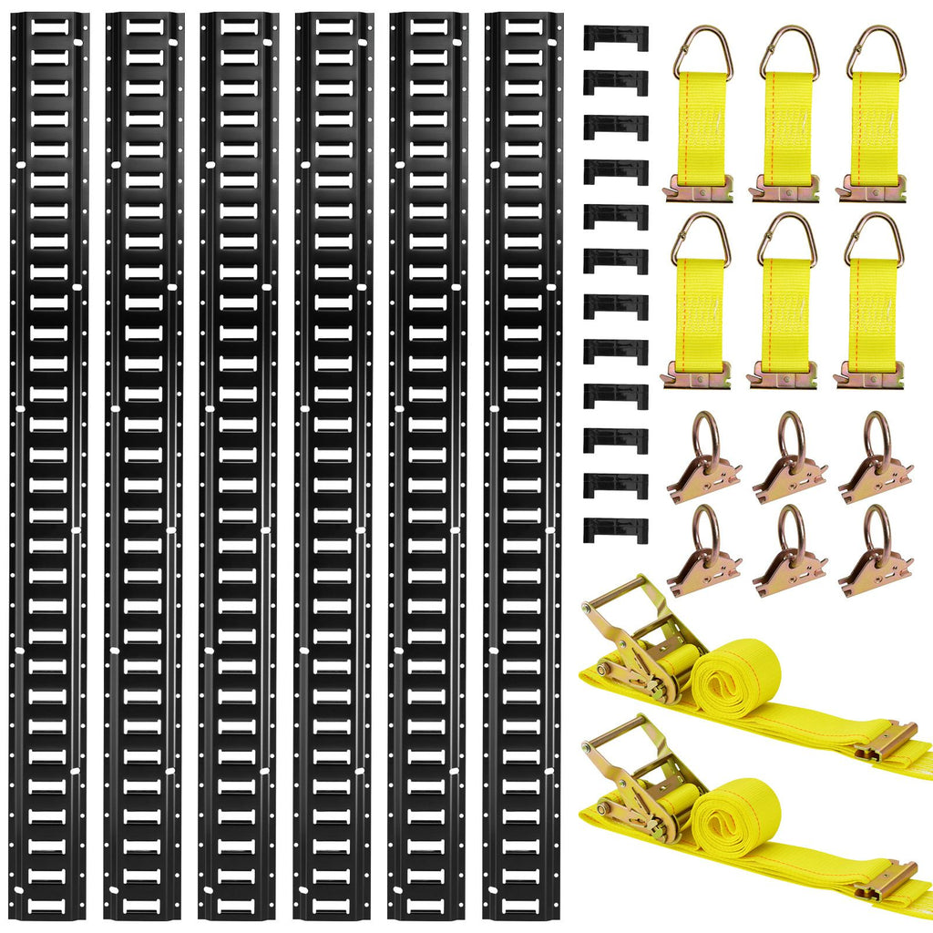 E-Track Tie-Down Rail Kit, 6 Pack 5 ft E Track Rails, 26 Pcs Includes 2 Ratchet Straps & 6 O-Rings & 6 Tie-Offs with D-Ring & 12 End Caps, Fit for Garages Vans Trailers Motorcycles