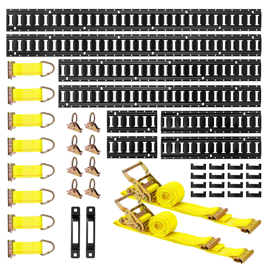 E-Track Tie-Down Rail Kit, 8 Pack (5ft+4ft+2ft+1ft) E Track Rails, 36 Pcs Includes 2 Ratchet Straps & 8 O-Rings & 8 Tie-Offs with D-Ring & 2 Single Slots & 16 End Caps, Fit for Vans Trailers