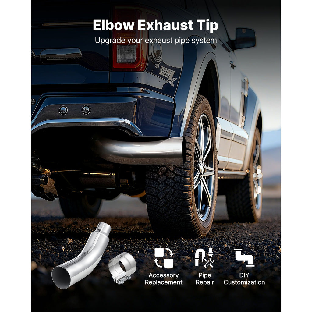 Elbow Exhaust Tip, 4 Inch Inlet, 6 Inch Outlet, 23 in Overall Length, Chrome Turn Down Exhaust Tip with Clamp for Truck, Sedan, Sports Car, SUV, Chrome Structure for High Temperature Resistance image 2