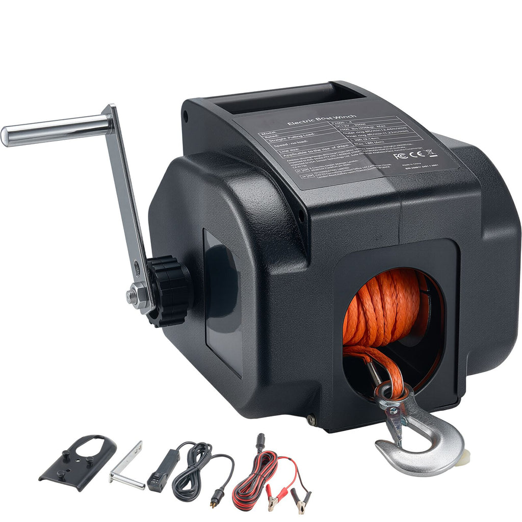 Electric Boat Winch, 12V DC 300W, Reversible Electric Trailer Winch for Boats Up to 2000 lbs, Power-in, Power-Out, and Freewheel Operations for Boats with Wired Remote Control & Hand Crank