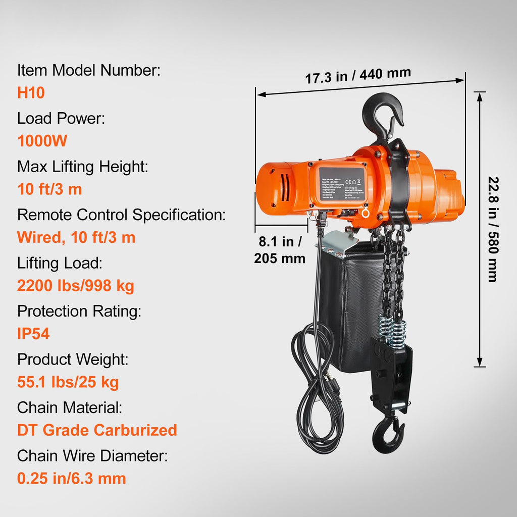 Electric Chain Hoist, 2200 lbs Load Capacity, 10 ft Lifting Height, 6.9 ft/min Speed, 120V, Single Phase Overhead Crane with Chain, 10 ft Wired Remote Control for Garage, Shop, Hotel, and Home