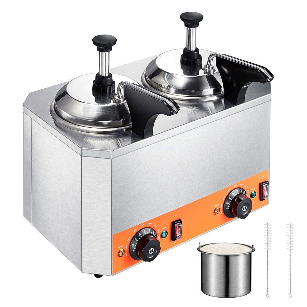 Electric Cheese Dispenser with Pumps, 2.3x2 Qt Commercial Hot Fudge Warmer, Stainless Steel Heated Double Pumps Dispenser, 86-230 F Temp Adjustable Nacho Cheese Warmer for Fudge Cheese Caramel