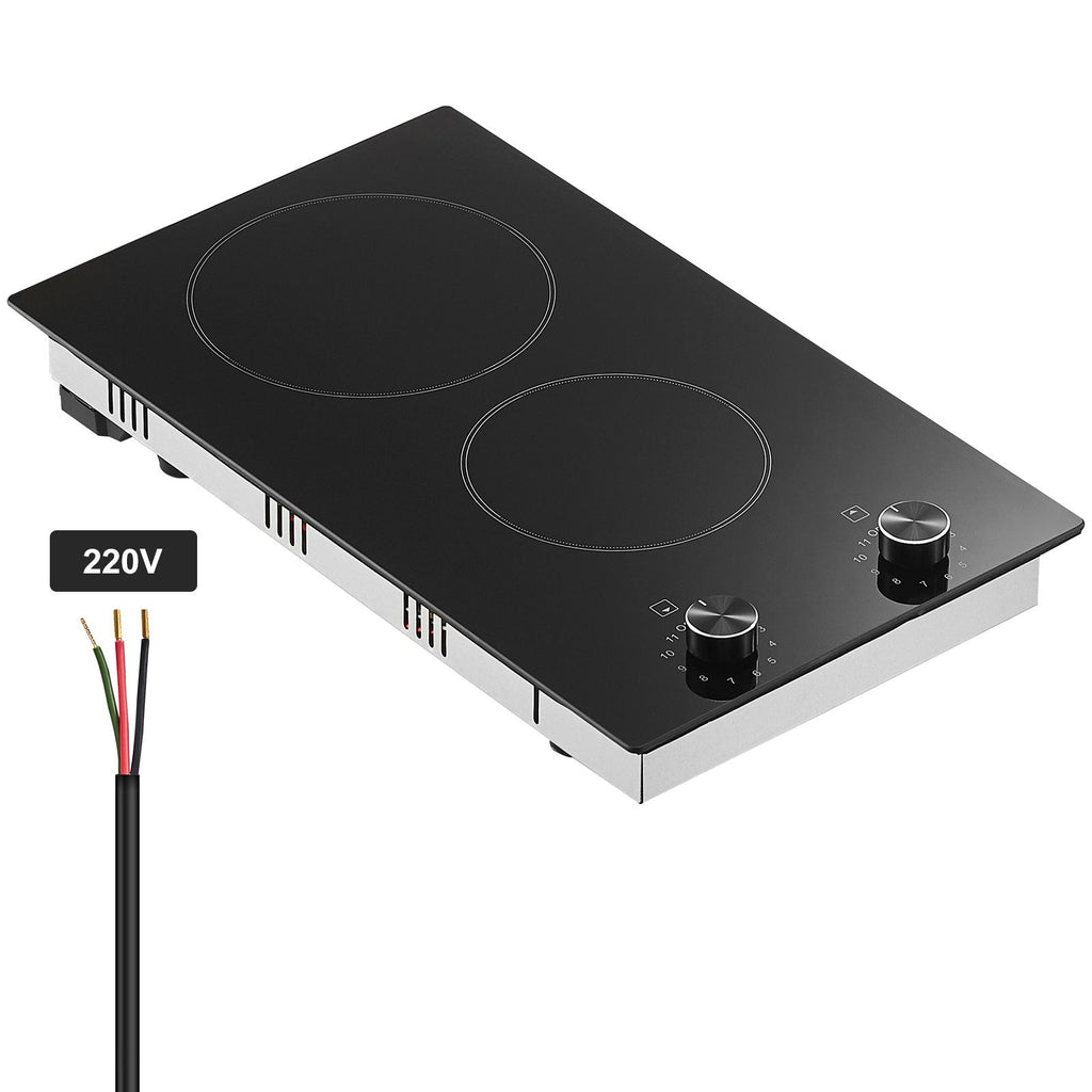 Electric Cooktop, 12 inch 2 Burners Built-in Electric Stove Top, 3000W Ceramic Top Radiant Cooktop, with Glass Panel, Knob Control, 11 Heat Levels, 220-240V, Hard Wire (No Plug)
