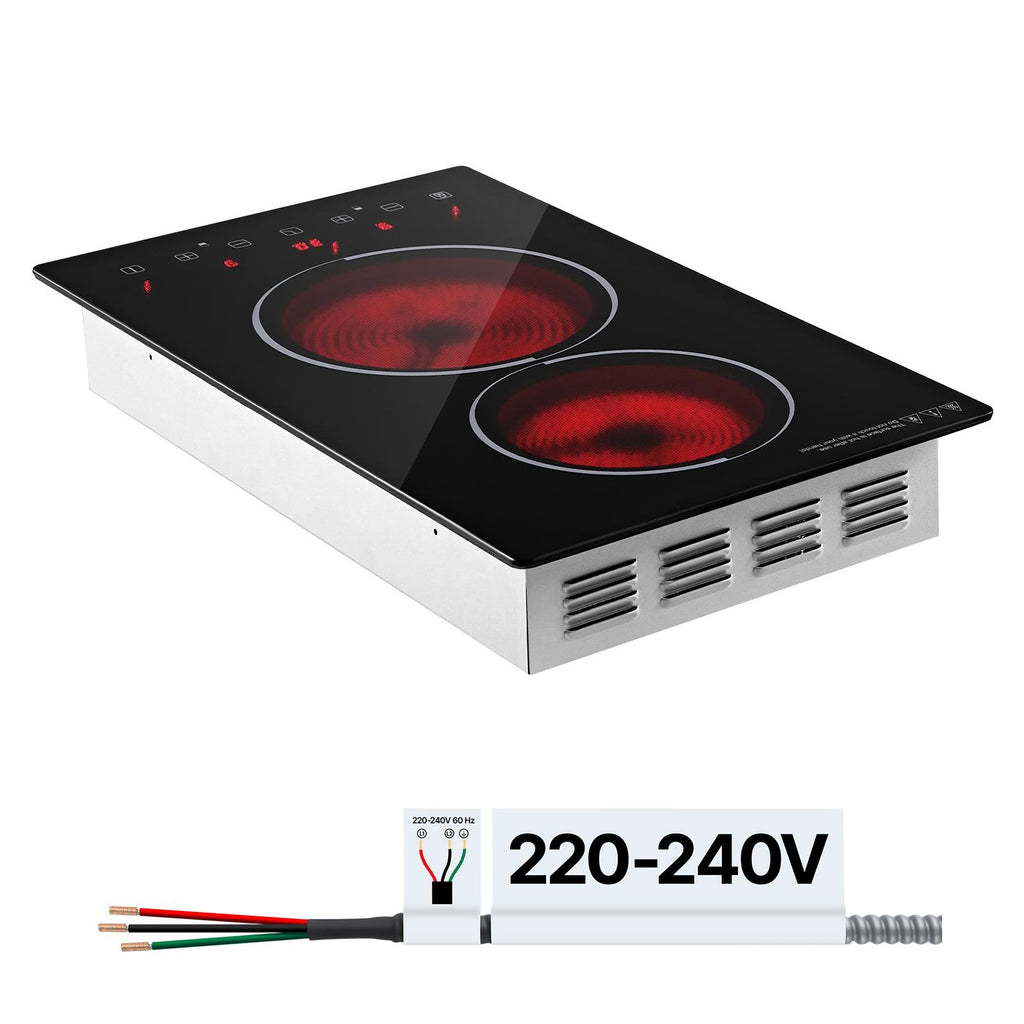 Electric Cooktop 12inch 2 Burners Stove Top 3000W 220V No Plug, Ceramic Built-in Radiant Electric Stove, with 9 Power Levels, Timer, Child Lock, Over-Heat Guard, Touch Control