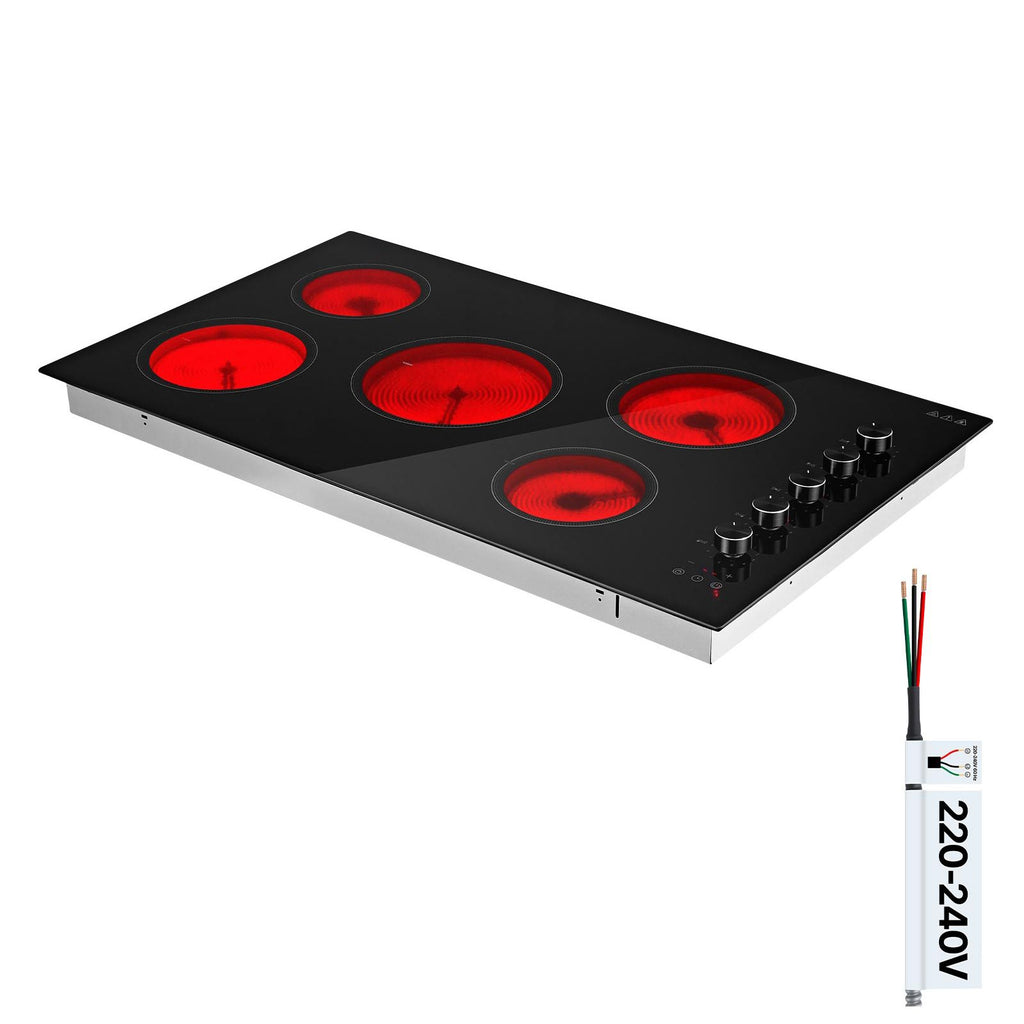 Electric Cooktop 36inch 5 Burners Stove Top 8800W 220V No Plug, Ceramic Built-in Radiant Electric Stove , with 11 Power Levels, Timer, Child Lock, Over-Heat Guard, Knob/Touch Control