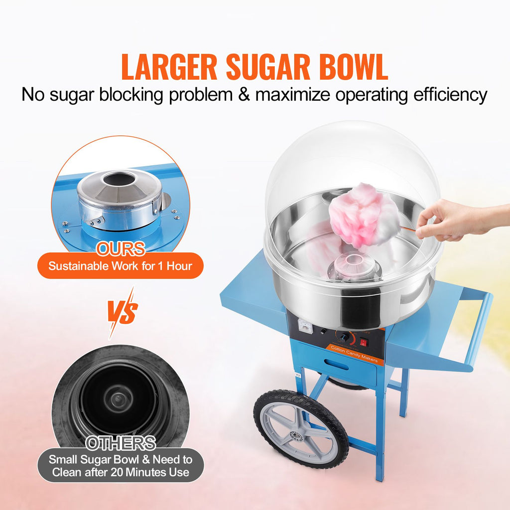 Electric Cotton Candy Machine with Cart, 1000W Commercial Candy Floss Maker with Cover, Stainless Steel Bowl, Sugar Scoop and Drawer, Perfect for Home, Kids Birthday, Family Party, Blue