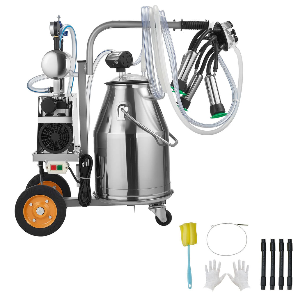 Electric Cow Milking Machine, 6.6 Gal / 25 L 304 Stainless Steel Bucket, Food-Grade Teat Cups and Silicone Hose, Strong Suction, Vacuum Pulsation, Electric Milker Machine with Wheels for Cow