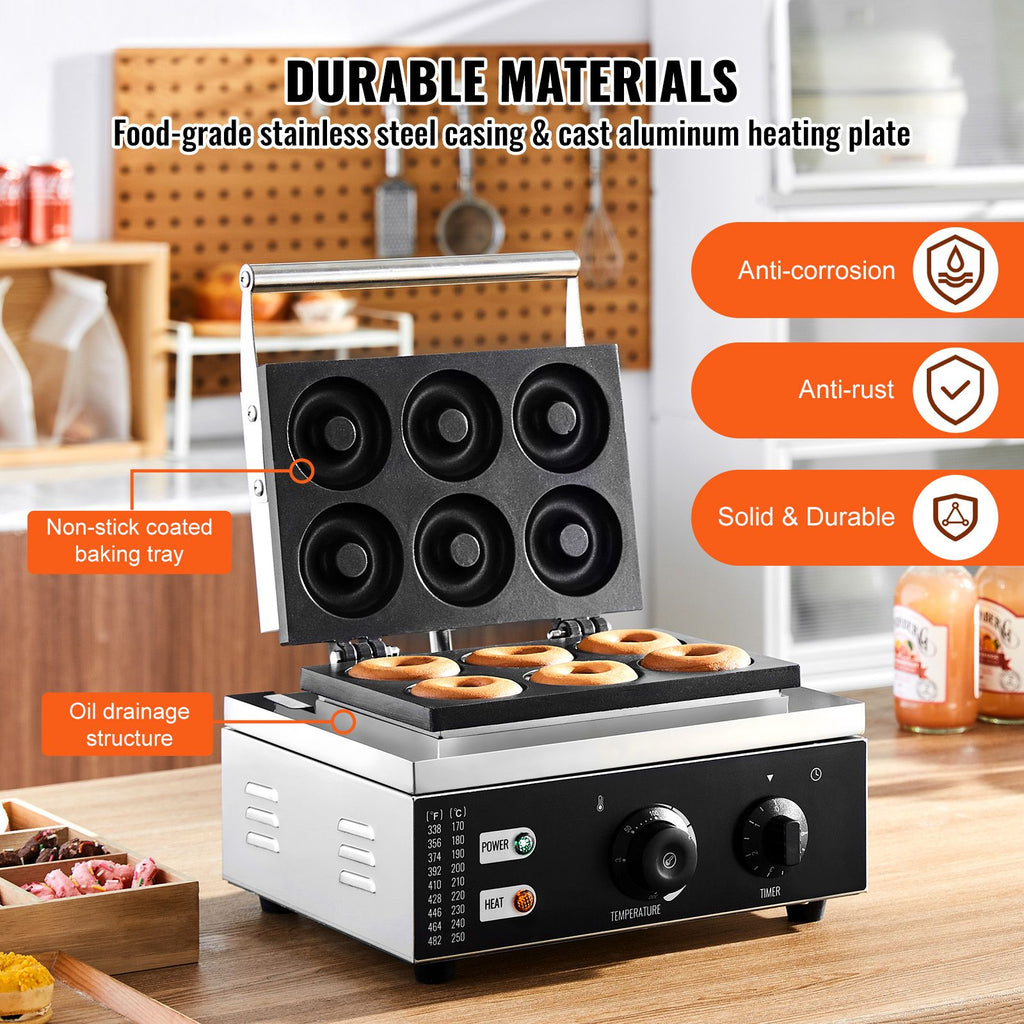 Electric Donut Maker, 1550W Commercial Doughnut Machine with Non-stick Surface, 6 Holes Double-Sided Heating Waffle Machine Makes 6 Doughnuts, Temperature 122-572 F, for Restaurant and Home Use image 2