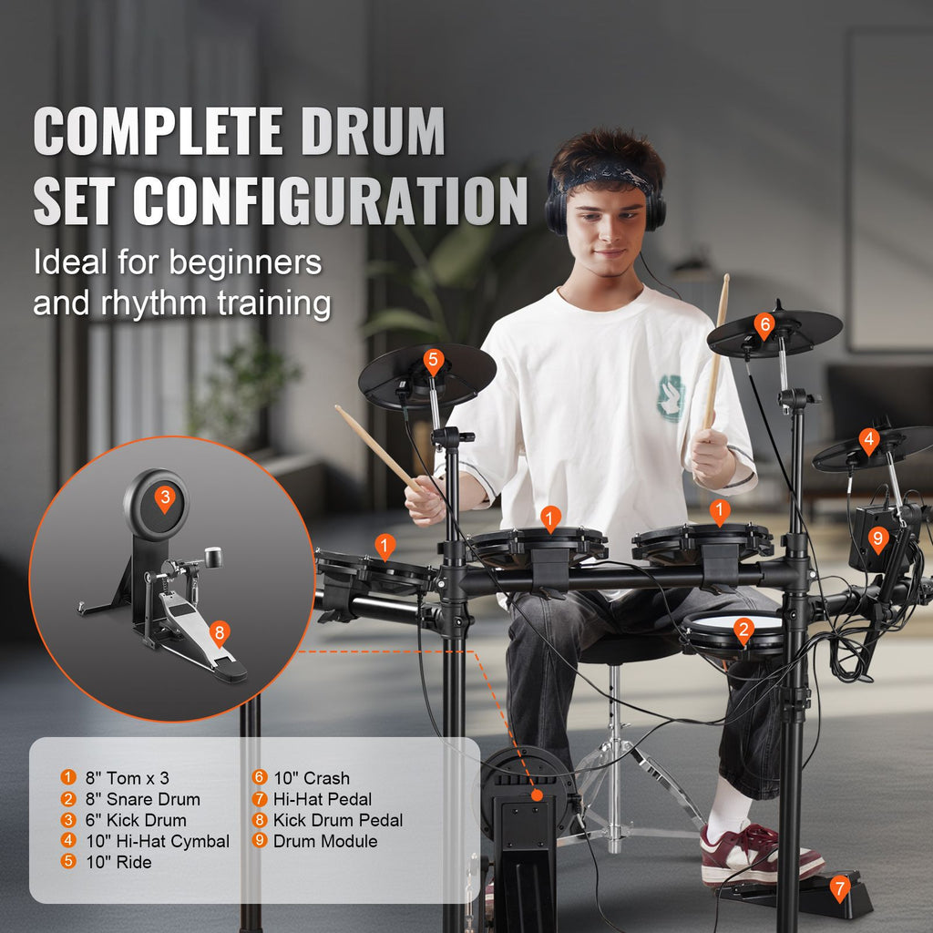 Electric Drum Set, 32 Drum Kits & 480 Sounds Electronic Drum Kit, USB MIDI Supported 8 in Quiet Mesh Snare Electric Drum Set with 10 in Cymbals Drum Sticks & Headphone, for Beginners & Adults image 2