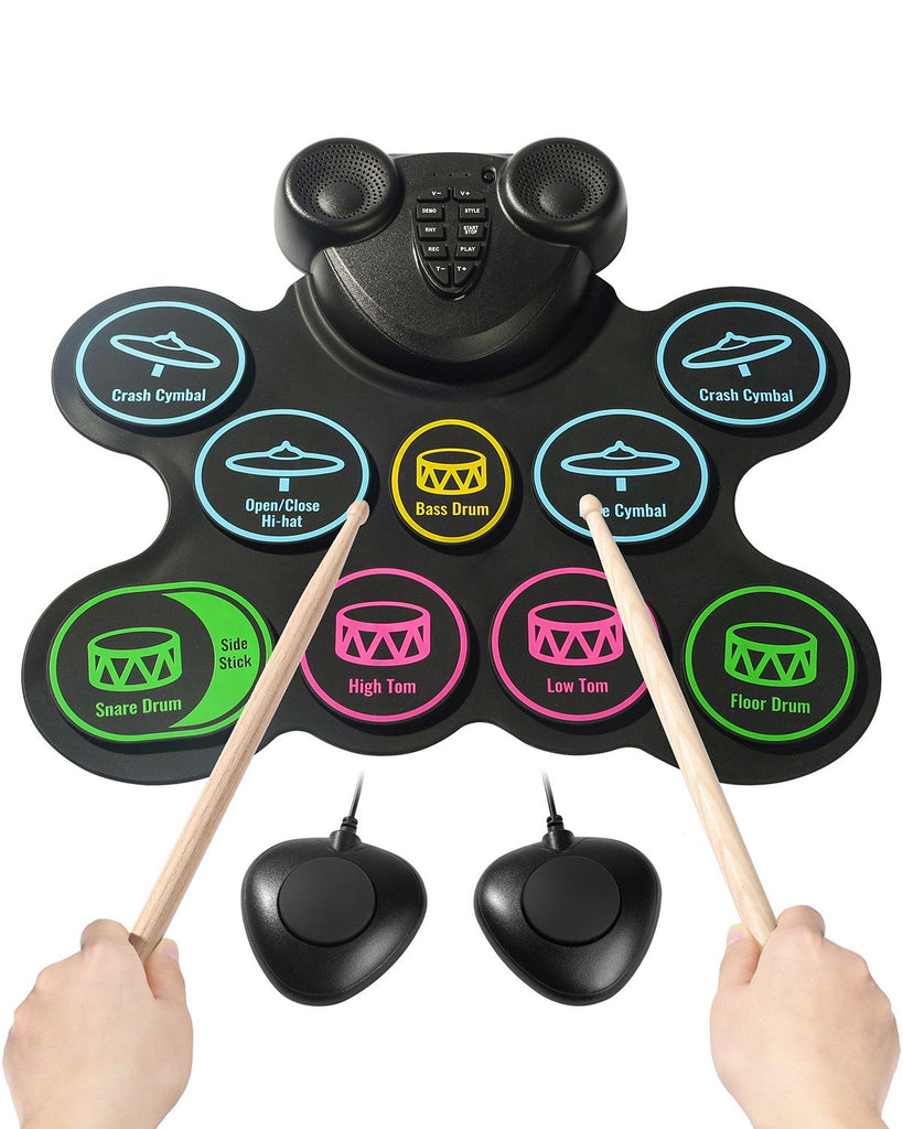 Electric Drum Set, 9 Pads, Roll-up Drum Practice Pad, Electronic Drumset with Headphone Jack, Double Pedals, Drum Sticks, Built-in Dual Speakers, MIDI, Portable Instrument Toy for Kids Ages 3+
