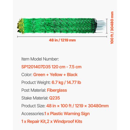 Electric Fence Netting, 48" H x 100' L, PE Net Fencing Kit with Posts & Double-Spiked Stakes, Utility Portable Mesh for Chickens, Ducks, Geese, Rabbits, Used in Backyards, Farms, and Ranches