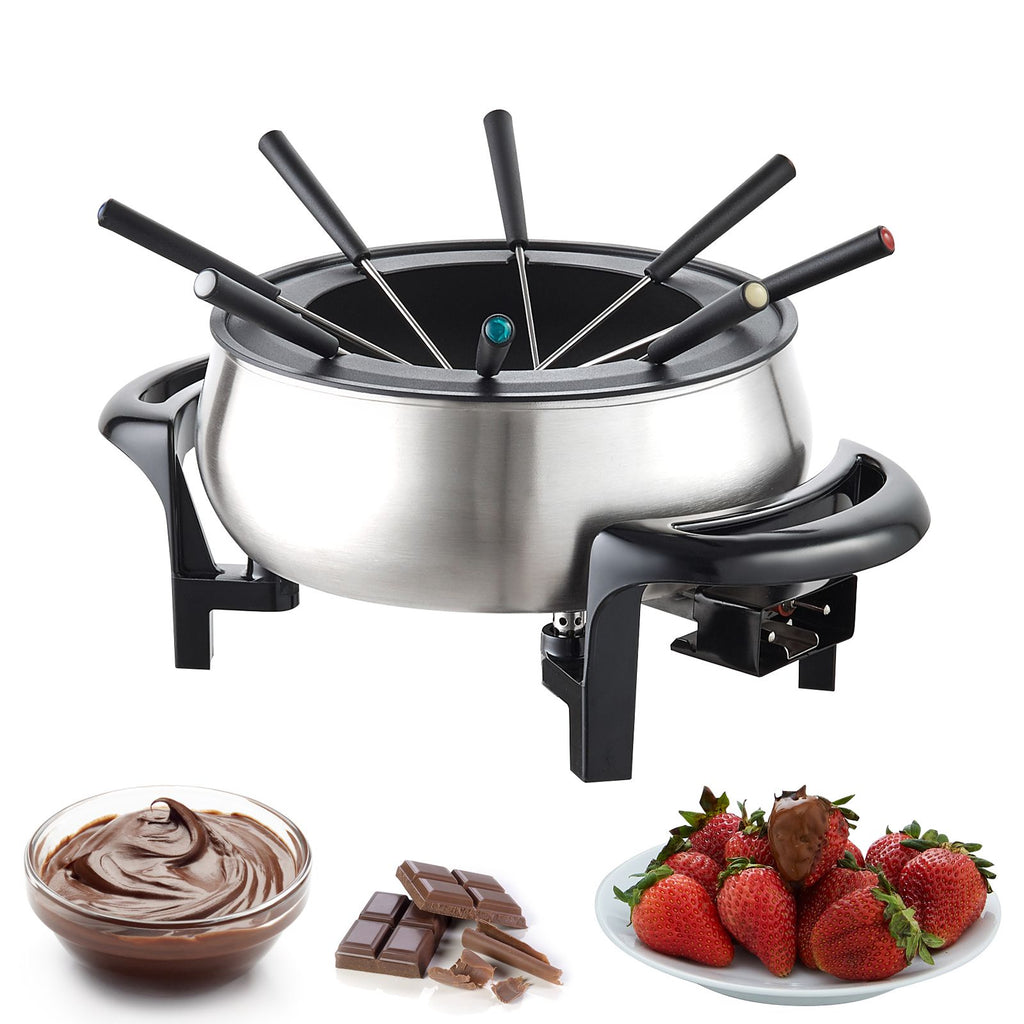Electric Fondue Pot Set for Cheese & Chocolate, 3 Quart Chocolate Melting Warmer, Stainless Steel Fondue Maker with Temperature Control and 8 Forks, for Hors d'Oeuvres, Entrees, and Desserts