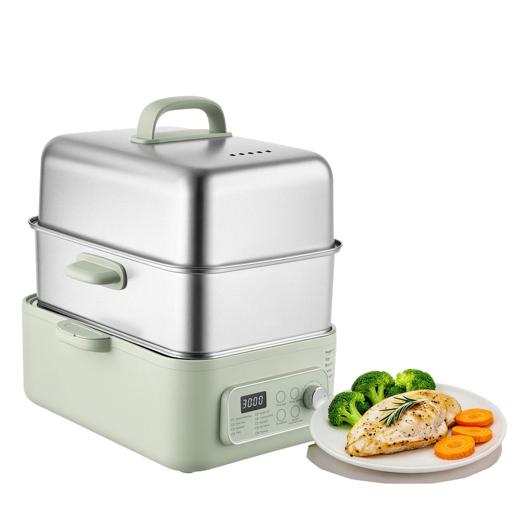 Electric Food Steamer 13.7 QT 2-Tier Stainless Steel for 3-6 Servings, 1500W Vegetable & Meal Steamer for Cooking with 9 Pre-Programmed Settings, Keep Warm, for Veggies, Seafood & Rice, Green