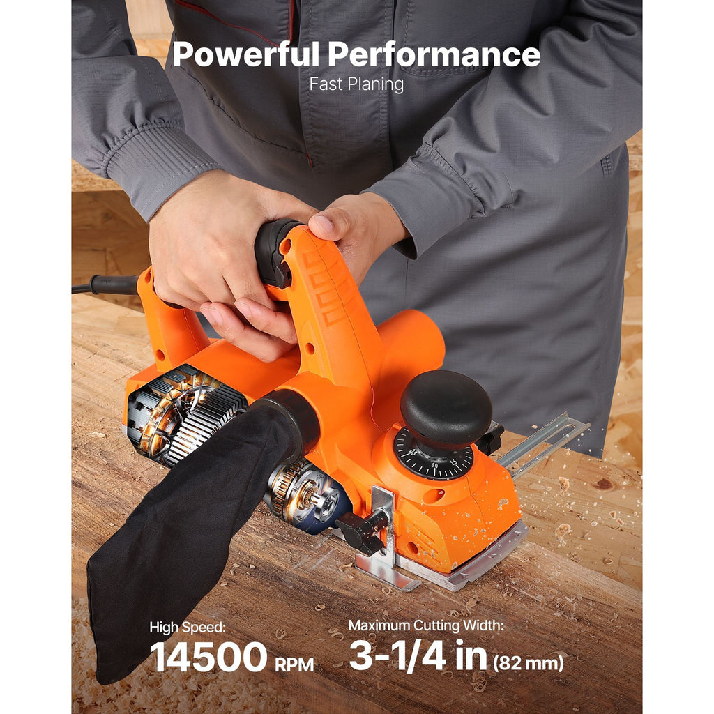Electric Hand Planer, 3-1/4-Inch Cut Width, 7-Amp 14500 RPM Corded Power Handheld Planer for Wood, with Adjustable Cut Depth, 2 Blades, for Woodworking Wood Chamfer DIY Smooth Finish Carpentry