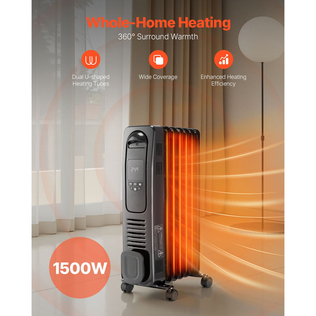 Electric Oil Filled Radiator, 1500W Radiant Space Heater with LED Screen, Over-Heat Protections,24h Timer, Portable Handle Casters, Thermostat,Remote Control for Indoor Use,Black image 2