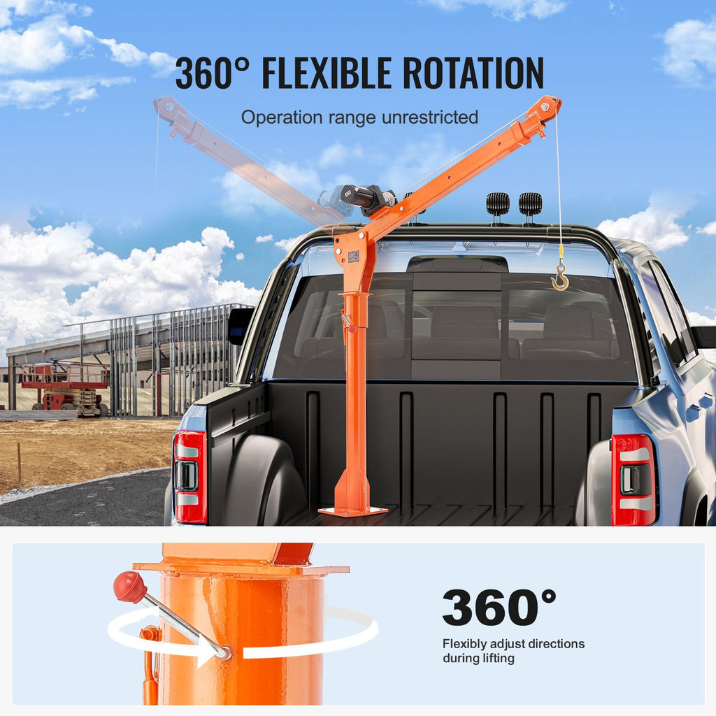 Electric Pickup Truck Crane, 1100 lbs, Folding Truck-Mounted Bed Crane with Electric Winch 3500 lbs, Steel Pickup Truck Jib Crane Hoist 360° Swivel for Lifting Goods in Construction, Factory