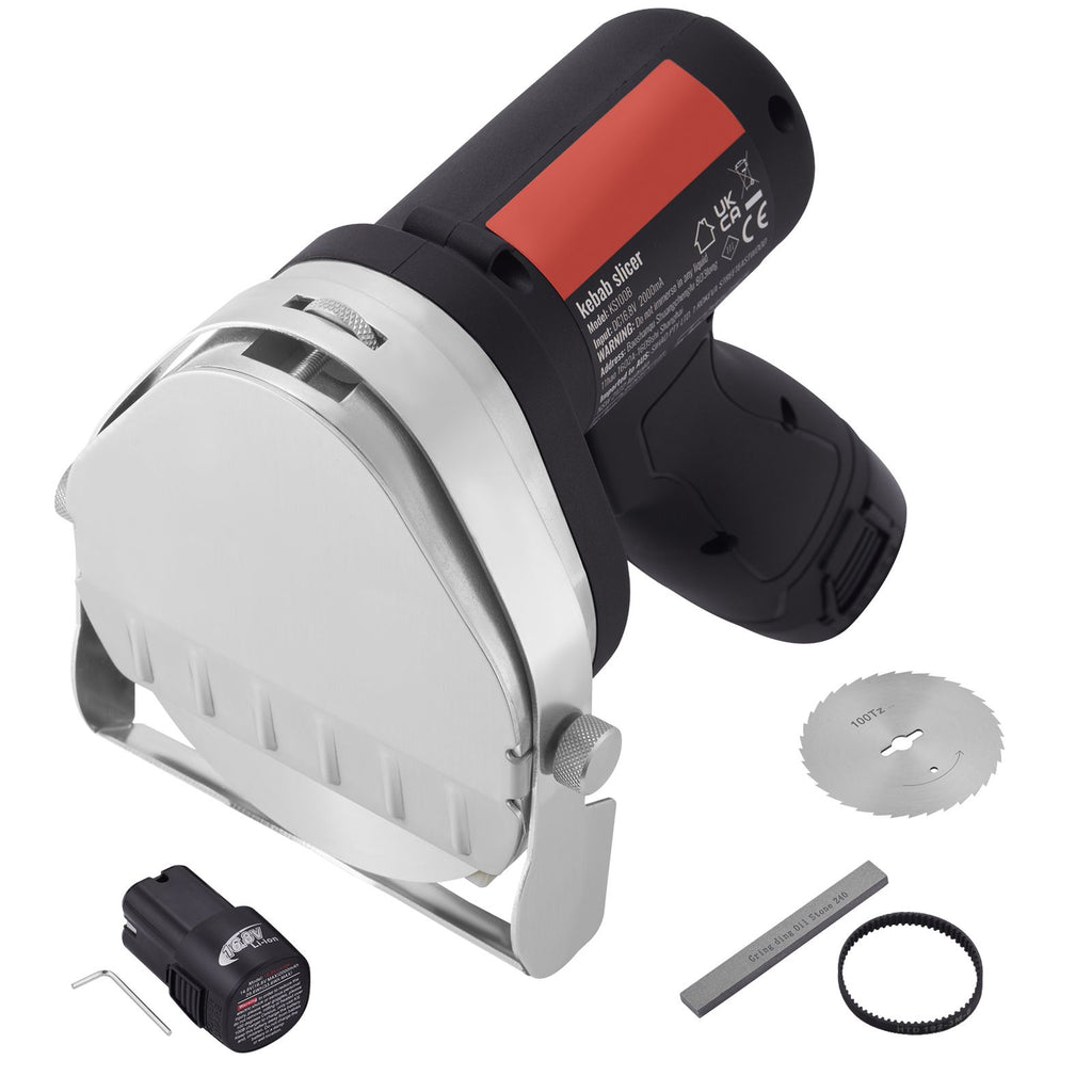 Electric Shawarma Knife, 80W Cordless Battery Professional Turkish Knife, Commercial Stainless Steel Gyro Cutter, Doner Kebab Meat Slicer with 2 Blades, Φ4"/100mm, 0-8mm Adjustable Thickness
