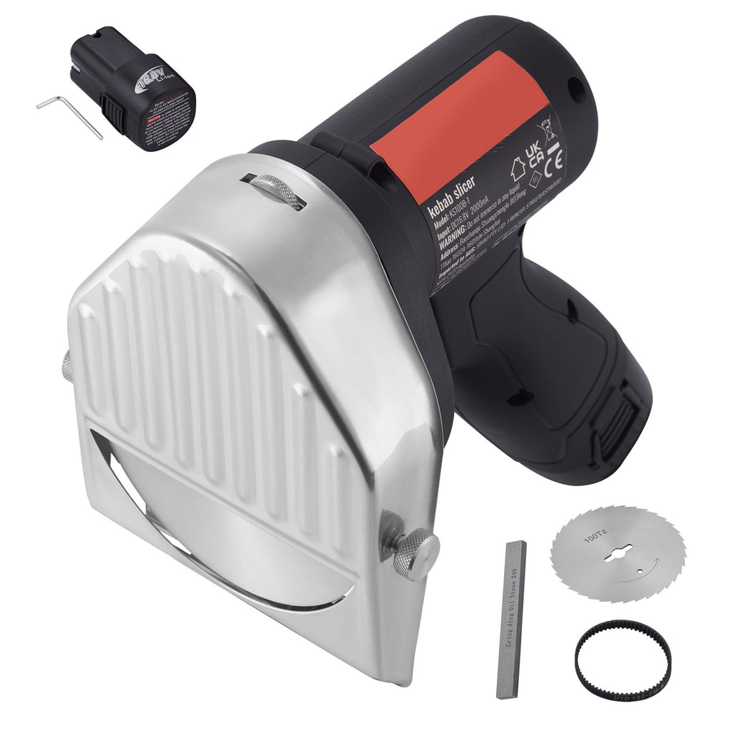 Electric Shawarma Knife, 80W Cordless Battery Professional Turkish Knife, Commercial Stainless Steel Gyro Cutter, Doner Kebab Meat Slicer with 2 Blades, Φ4"/100mm, 0-8mm Adjustable Thickness